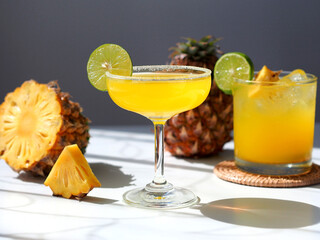 Summer cocktail glass with fresh pineapple and lime, direct sunlight shooting