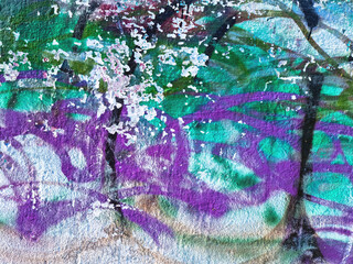 Green, purple, blue, black damaged urban wall texture. Modern pattern for wallpaper design Creative modern advertising mockups urban city background. Grunge messy street style new wave background