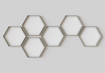 Metallic hexagon blank photo frames mockup hanging on interior wall. Hexagonal pictures on painted surface. 3D rendering