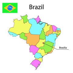 Map with borders and flag of Brazil.