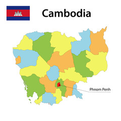 Map with borders and flag of Cambodia.