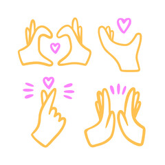 Set of hands with gestures. High five, Korean heart, like, love, two hands. Vector doodle hand drawn outline style.