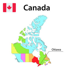 Map with borders and flag of Canada.