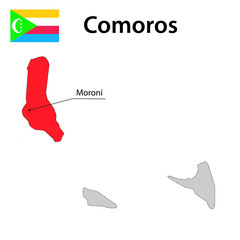 Map with borders and flag of Comoros.