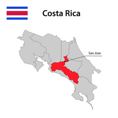 Map with borders and flag of Costa Rica.