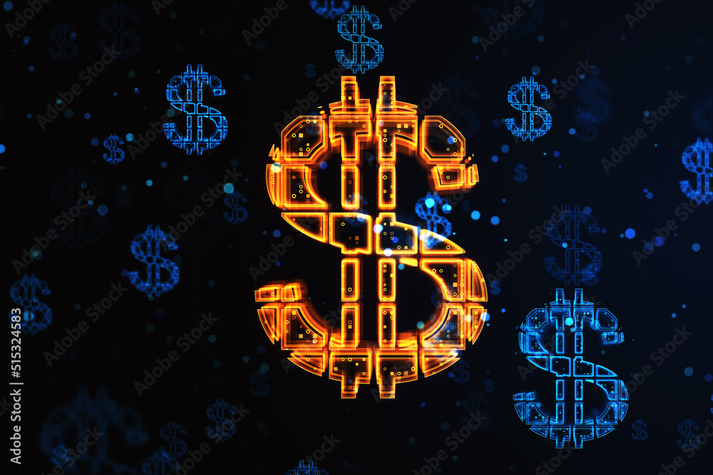 Poster currency exchange and money concept with orange glowing digital dollar symbol on abstract dark techn
