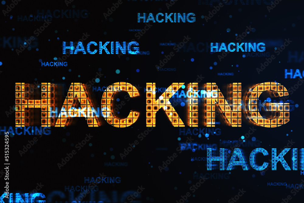 Poster Hacking and internet security concept with glowing digital hacking sign on abstract dark technological background. 3D rendering