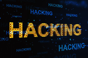 Obraz premium Cyber attack and hacking concept with perspective view on digital hacking word on abstract dark technological background. 3D rendering