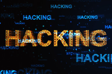 Hacking and internet security concept with glowing digital hacking sign on abstract dark technological background. 3D rendering