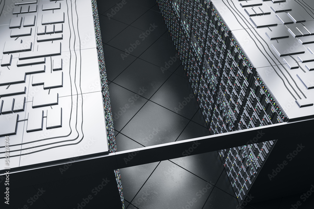 Poster Gray server room interior background with racks. Cloud computing and telecommunication concept. 3D Rendering.