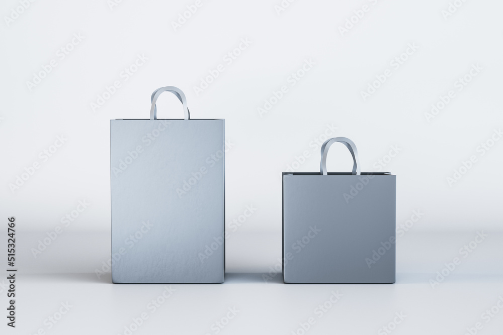 Poster Two empty blue shopping bags on light background. Purcashe and mock up place concept. 3D Rendering.