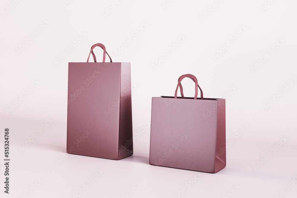 Aufkleber Two empty pink shopping bags on light backdrop. Purcashe and mock up place concept. 3D Rendering.