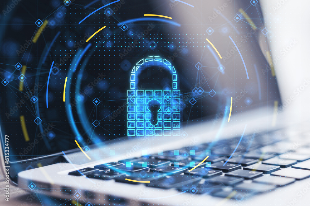 Poster cyber security and data protection concept with digital graphic glowing blue lock symbol with keyhol