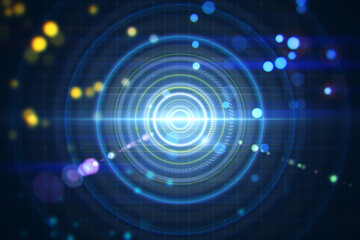 Creative blurry dark lens or round interface backdrop with grid and blurry bokeh circles. Space, sci fi and flare concept. 3D Rendering.