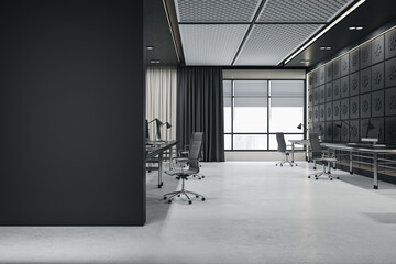 Modern dark concrete coworking office room interior with empty mock up place on wall, window, city view, curtains and furniture. 3D Rendering.