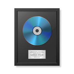 Realistic Vector 3d Blue CD and Label with Black Frame Isolated. Single Album Compact Disc Award, Limited Edition. Design Template