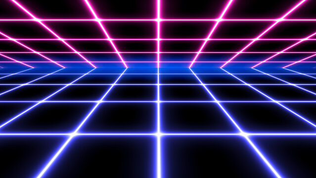 Neon grid background. Futuristic digital syntwave colored lines on a black empty surface glowing in the void. New retro wave and retro 80s concept.