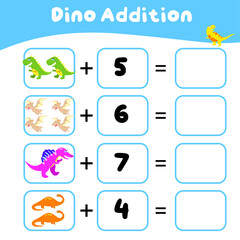 Math worksheet with dinosaur theme. Learning how to counting for preschool children. Educational printable sheet. Vector illustration. 