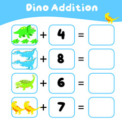 Math worksheet with dinosaur theme. Learning how to counting for preschool children. Educational printable sheet. Vector illustration. 