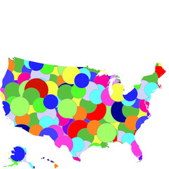 United States circles pop map. Concept for design,fashion, modernism. Circles of different sizes, and randomly scattered. In color material design.