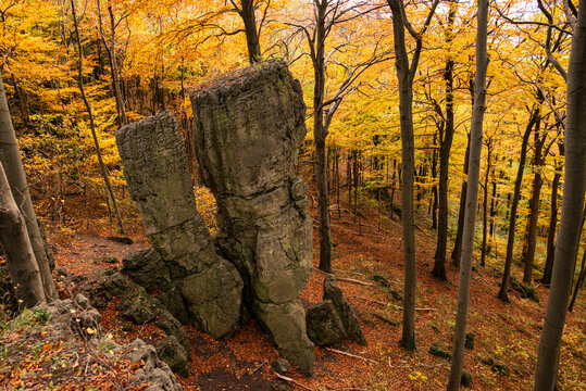 Rock formation "Adam & Eva" on the Ith Ridge in autumn, a well-known landmark on the Ith-Hils hiking trail, Weser Uplands, Lower Saxony, Germany