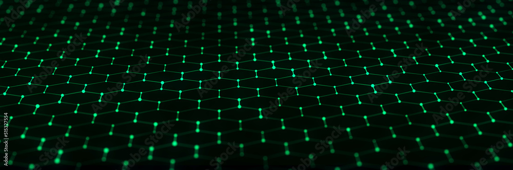 Poster futuristic perspective grid of hexagons. futuristic honeycomb concept. digital technology webflow. b