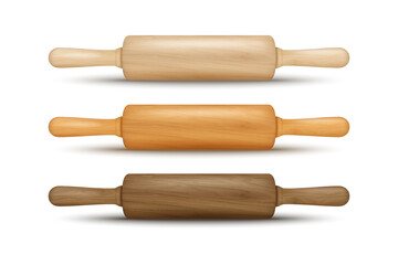 Vector 3d Realistic Textured Brown Wooden Rolling Pin Icon Set Isolated. Kitchen Dough Roller, Design Template of Dough Rolling Pin for Bakery. Different Size. Front, Side View