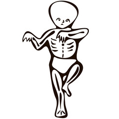 Children baby in Halloween skeleton costumes. a small child in a cute skeleton costume sad standing on one leg. funny cute baby cartoons. Vector illustration