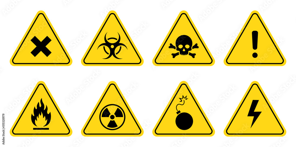 Wall mural danger, warning sign icon set. poison, toxic, biohazard caution sign. skull, chemical danger yellow 