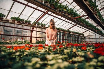 Girl among the flowers in a greenhouse