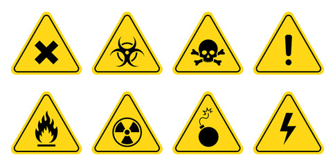 Danger, warning sign icon set. Poison, toxic, biohazard caution sign. Skull, chemical danger yellow triangle symbol element. Vector illustration - obrazy, fototapety, plakaty
