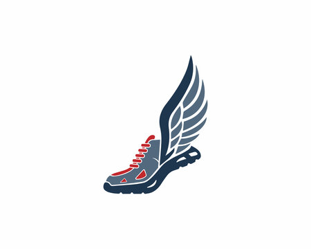 Running Sneaker Silhouette With Wings Logo Design. Sports Shoes For Running, Running Shoe With a Wing Vector Illustration.