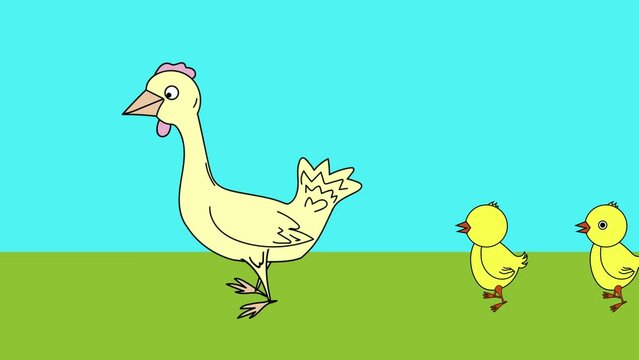 animation of a cartoon where a chicken and chickens go together