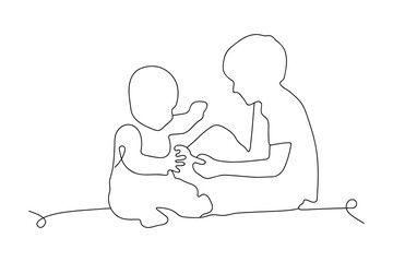 Continuous Line drawing of two playing Children. Fashion one Line design vector illustration.