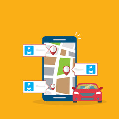 Online application for finding parking spaces, city parking. Smart city parking mobile app concept. Urban traffic technology, vector illustration.