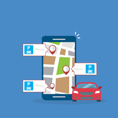 Online application for finding parking spaces, city parking. Smart city parking mobile app concept. Urban traffic technology, vector illustration.