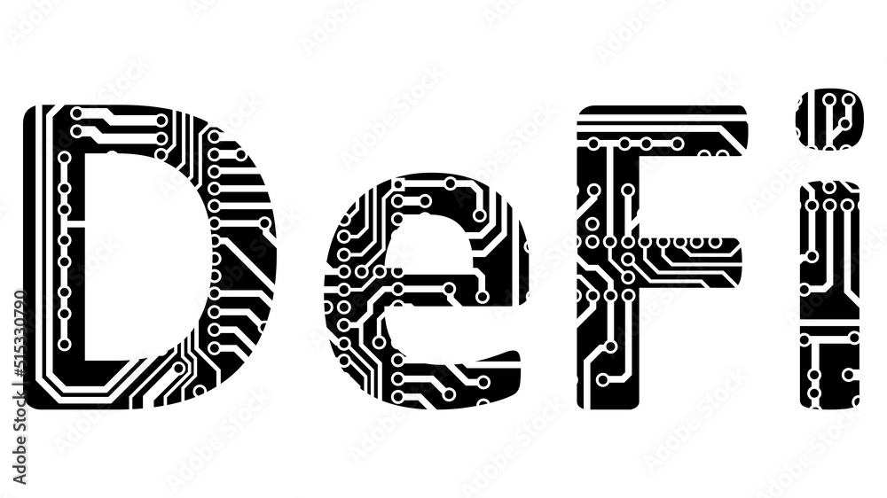 Wall mural word defi decentralized finance perforated with circuit board tracks silhouette isolated on white. e