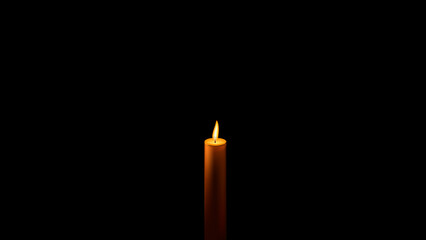 One wax candle in center on black background with copy space. Lonely symbol of grief and memory for the dead. Horizontal vector.