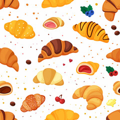Croissant pattern. fresh cooked dessert bakery delicious food. Vector seamless background with croissant pictures