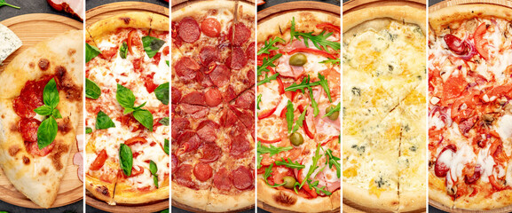 food collage of different types of pizza