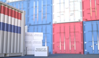 Carton with PRODUCT OF NETHERLANDS text and many containers, 3D rendering