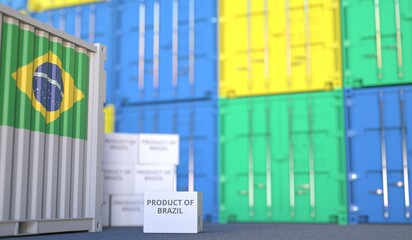 Carton with PRODUCT OF BRAZIL text and many containers, 3D rendering