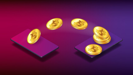 Two smartphones isometric and flying bitcoins from one to the other on purple background. The concept of transferring BTC through the phone p2p. Vector illustration.