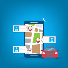 Online application for finding parking spaces, city parking. Smart city parking mobile app concept. Urban traffic technology.