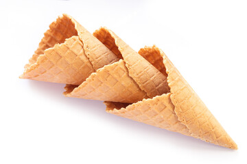 Empty wafer ice cream cone isolated on white background