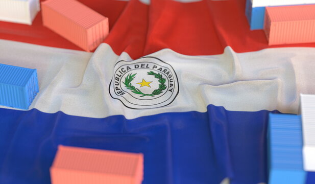 Cargo containers and flag of Paraguay, production or cargo delivery related 3D rendering