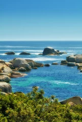 Foto auf Leinwand Landscape of many rocks in the ocean surrounded by green bushes or shrubs. Large stones in a wide empty sea. Smooth rocks of various shapes lying in blue water near coastal area in Hout Bay © SteenoWac/peopleimages.com