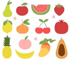 Set of summer fruits and berries.Organic products. Apple, orange, watermelon, strawberry, pear, papaya, banana, lemon, pineapple. Summer flowers.