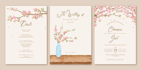 Set of wedding invitation with cherry blossom pink flowers tree branches background