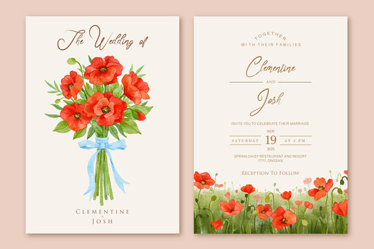 Watercolor poppy flowers hand bouquet landscape set wedding invitation template